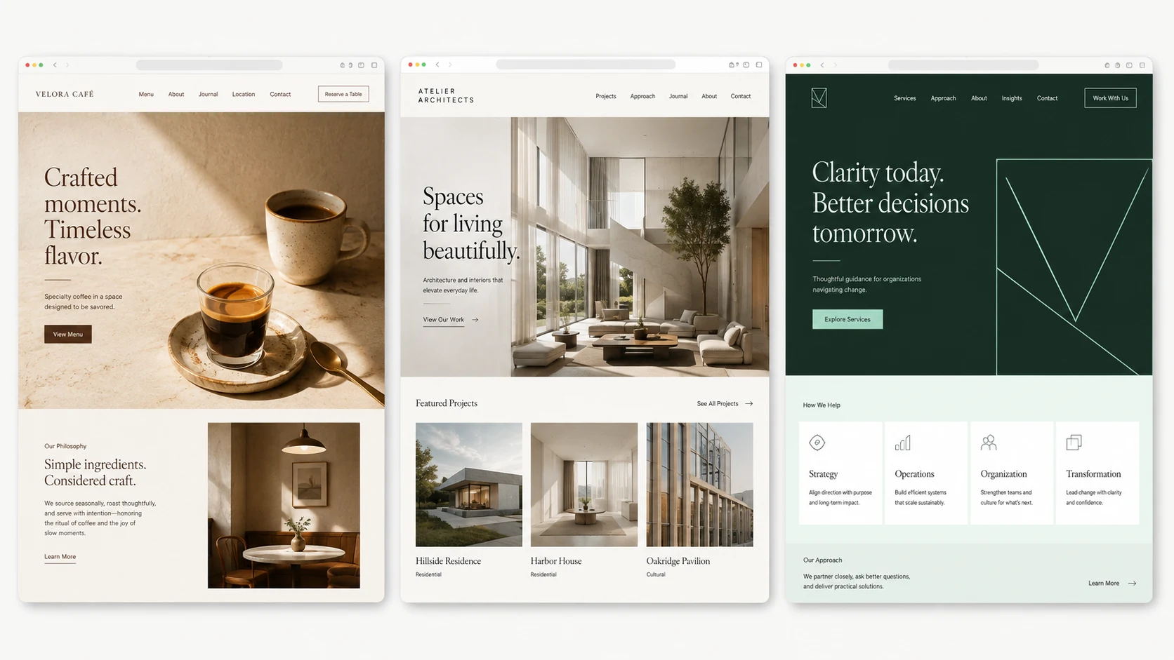 Three original website design concepts for a cafe, a property business and a professional service company